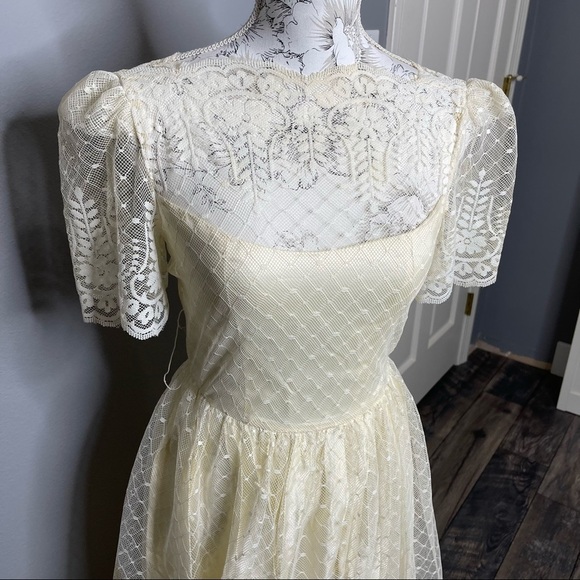 Vintage 50s 60s Wedding Dress Lace High Neck Ivory Zip Back Small Honey Fashion - Picture 2 of 6